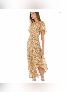 ASTR The Label Mustard Floral Chiffon High Low Flutter Sleeve Maxi Dress Size XS